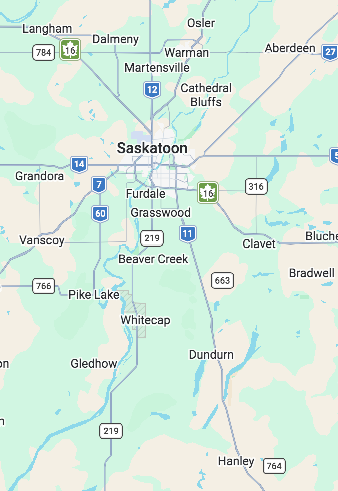 Map of Service Area: Saskatoon, Warman, Martensville, Aberdeen, Clavet, Bradwell, Dundurn, Hanley, Pike Lake, Vanscoy, Langham, Dalmeny, Osler, Cathedral Bluffs, Casa Rio, Grasswood, Furdale