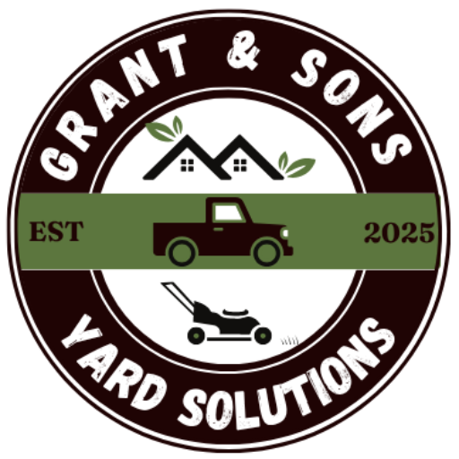 Circular landscaping and lawn care logo with lawn mower, truck, and house on it.